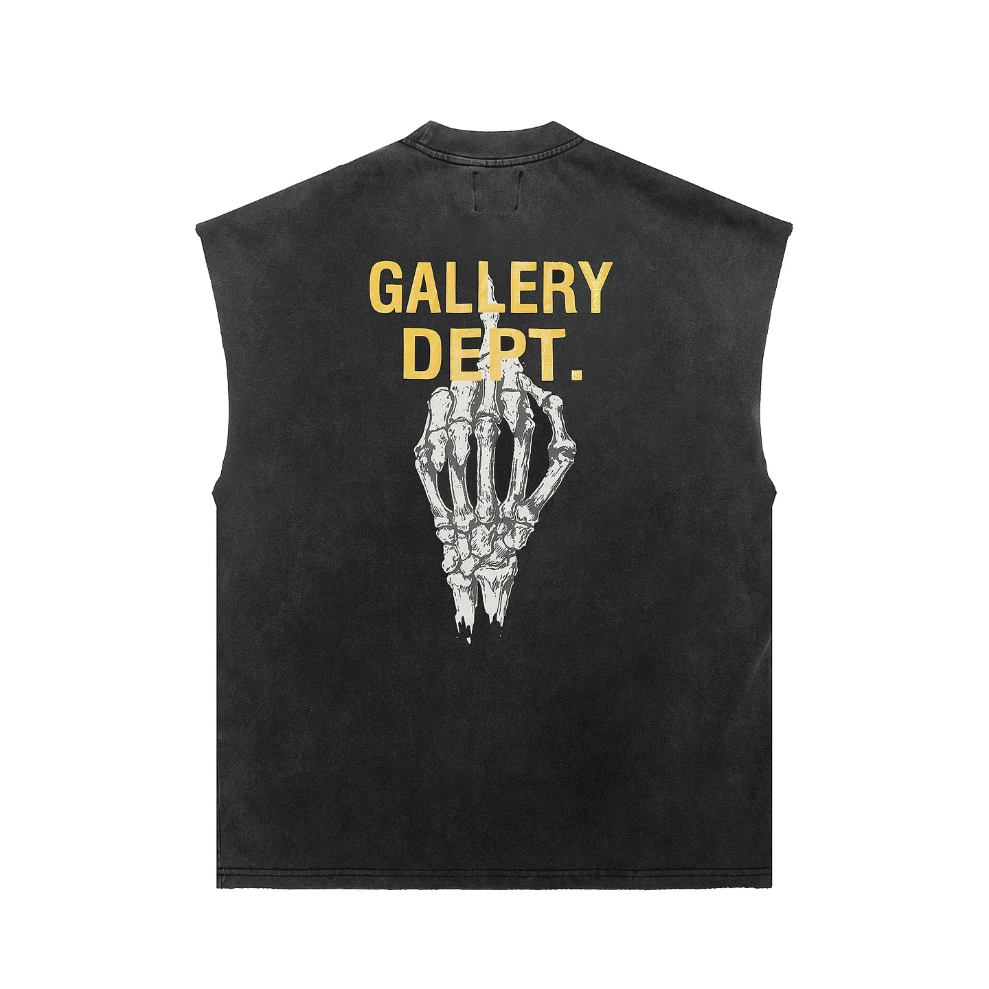 pt model number #G1004 P116 GALLERY DEPT. Distressed and frayed sleeveless waistcoat short sleeves. Skull middle finger 🖕🏻 print. Made of 280G double yarn pure cotton. The fabric is comfortable and stylish. After washing and distressing, the upper body becomes more fashionable and cool. The collar and hem are frayed. The design is full. The US version is too large. Color: washed black. Size S/M/L/XL